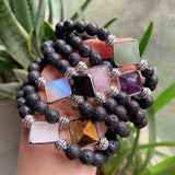 Reiki Healing Energy Stone Mala Bracelets Pyramid Charm Natural Amethysts Quartz Crystal Opal Black Lava Stone Strand Bracelets
