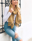 Boho Multi-Color Tassel Trim Mustard Scarf