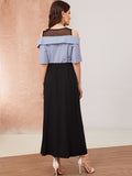 Mesh Contrast Colorblock Belted Dress