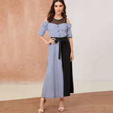 Mesh Contrast Colorblock Belted Dress