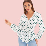 Polka Dot Frill Trim Knot Front Peplum Blouse
