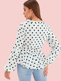 Polka Dot Frill Trim Knot Front Peplum Blouse