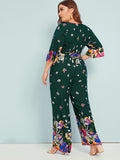 Plus Floral Print Belted Wide Leg Jumpsuit