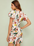 V-neck Floral Print Belted Playsuit