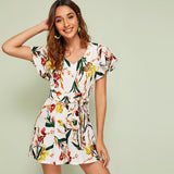 V-neck Floral Print Belted Playsuit