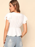 Tie Front Ruffle Hem Solid Top