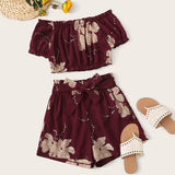 Floral Print Frill Bardot Top & Belted Shorts