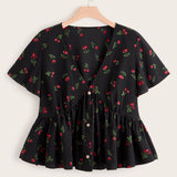 Plus Cherry Print Button Front Peplum Blouse