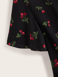 Plus Cherry Print Button Front Peplum Blouse