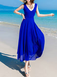 Royal Blue (Belt) V-Neck Long Dress