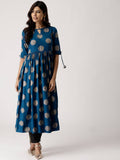 Women Short Sleeve Turquoise Rayon Flared Kurti