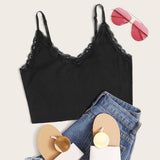 Lace Trim Rib-knit Crop Cami Top