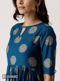Women Short Sleeve Turquoise Rayon Flared Kurti