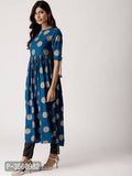 Women Short Sleeve Turquoise Rayon Flared Kurti