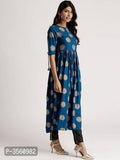 Women Short Sleeve Turquoise Rayon Flared Kurti