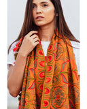 Women's Mono Orange Woollen Embroidered khadi Muffler or Stole