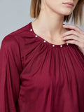 Women's Regular Length Maroon Rayon Round Neck Tees