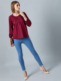 Women's Regular Length Maroon Rayon Round Neck Tees