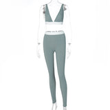 OEM Fitness Sporty Women Tracksuit Sleeveless V-Neck Tank Stretchy Leggings Ribbed Bra Two Piece Set Solid Streetwear Outfit