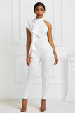 2021 Summer White Elegant One Shoulder Irregular Office Wear for Women Fashion Special Ruffled Collar One Piece Women Jumpsuit