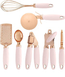 7 Pcs Kitchen Gadget Set Copper Coated Stainless Steel Utensils with Soft Touch Rose Gold Garlic Press Pizza Cutter