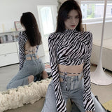Women T-Shirts Sexy Leopard Zebra Printed Slim Backless Tops Long Sleeve Half-High Collar Short T-Shirt.