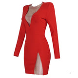 BY2166 Beading Rhinestone New Style Sexy Club Bandage Dress Deep V-Neck Long Sleeve Split Skirt Fashion