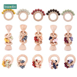 Bopoobo 1PC Baby Toys Beech Wooden Rattle Hand Teething Wooden Ring Can Chew Beads Play Gym BPA