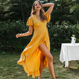 V-neck ruffled boho dress Sexy cotton short sleeve holiday