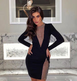 BY2166 Beading Rhinestone New Style Sexy Club Bandage Dress Deep V-Neck Long Sleeve Split Skirt Fashion