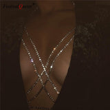 Shining Rhinestones Chest Cross Body Chain Boho Multi Layers Chest Chain Jewelry Crystal Chest Harness Body Jewellery for Woman