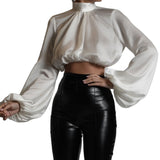 Women Elegant Silk Blouse Shirts Chic Stand Lantern Long Sleeve High Quality Double Layers White Tops Lady Vintage Crop Top