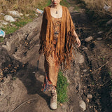 AYUALIN Camel Suede Floral Hollow Out Fringe Tassel Shawl Women Vintage Capes