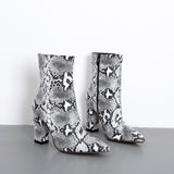 New Classic Snake Pattern Lacquer Bright Leather Thick Heel High Heel Pointed Zipper Boots