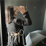 Women Blazer Irregular Diamond Hollow Out Black Blazers and Jackets Asymmetry Drawstring Vintage Suit Coats
