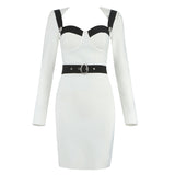 C2441 Migugarment White Sqare Collar Belted Bodycon Female Mini Bodycon Dress