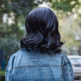 AISIHAIR Women Medium Big Wavy Side Parting Black Synthetic Wigs