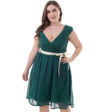 Plunge Neck Cap Sleeve Backless Lace Plus Size Belted Women Dress