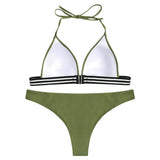 Halter Neck Backless Padded Stripe Low Waist Women Bikini Set