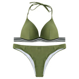 Halter Neck Backless Padded Stripe Low Waist Women Bikini Set
