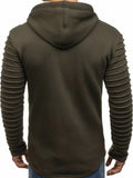 Solid Sleeve Pleated Pocket Full Zipper Fleece Hoodie