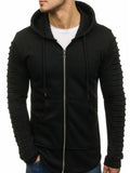 Solid Sleeve Pleated Pocket Full Zipper Fleece Hoodie
