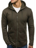 Solid Sleeve Pleated Pocket Full Zipper Fleece Hoodie
