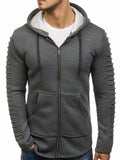 Solid Sleeve Pleated Pocket Full Zipper Fleece Hoodie