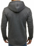 Solid Sleeve Pleated Pocket Full Zipper Fleece Hoodie