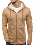 Solid Sleeve Pleated Pocket Full Zipper Fleece Hoodie