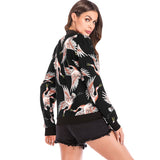 Stand Collar Long Sleeve Bird Print Pocket Women Jacket