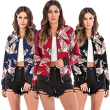 Stand Collar Long Sleeve Bird Print Pocket Women Jacket