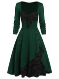 Flower Lace Insert Mock Button Bowknot Vintage Dress
