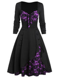 Flower Lace Insert Mock Button Bowknot Vintage Dress